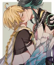 Rule 34 | 2boys, aether (genshin impact), ahoge, aqua hair, bare shoulders, blonde hair, blush, border, braid, brown shirt, cape, closed eyes, commentary request, detached sleeves, french kiss, genshin impact, green background, grey cape, grey hair, grey shirt, hair between eyes, jewelry, kiss, long hair, long sleeves, looking at viewer, male focus, multicolored hair, multiple boys, necklace, open mouth, outside border, paaaao01, pearl necklace, pom pom (clothes), shirt, short sleeves, simple background, sleeveless, sleeveless shirt, standing, two-tone hair, white border, wide sleeves, xiao (genshin impact), yaoi, yellow eyes
