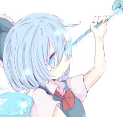 Rule 34 | 1girl, arm up, ascot, blue bow, blue eyes, blue hair, blush, bow, cirno, closed mouth, expressionless, flower, frilled bow, frills, from side, hair between eyes, hair bow, hair ornament, holding, ice, ice flower, inasa orange, looking away, nose blush, red ascot, short hair, short sleeves, simple background, solo, tareme, touhou, upper body, white background, wing collar, wings
