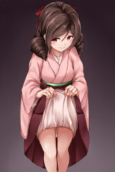 Rule 34 | 10s, 1girl, bow, brown hair, clothes lift, drill hair, hair bow, hakama, hakama lift, hakama skirt, harukaze (kancolle), highres, japanese clothes, kamelie, kantai collection, kimono, long hair, long sleeves, meiji schoolgirl uniform, pink kimono, red bow, red eyes, red hakama, skirt, solo, twin drills, wide sleeves