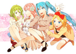 Rule 34 | 4girls, :d, absurdres, alternate costume, aqua eyes, aqua hair, blonde hair, blue eyes, blue skirt, bow, braid, collarbone, eye contact, female focus, flower, french braid, green eyes, green hair, gumi, hair bow, hair flower, hair ornament, hatsune miku, highres, kagamine rin, legs together, long hair, long sleeves, looking at another, looking at viewer, megurine luka, multiple girls, neck, open mouth, pink hair, pink skirt, polka dot, red bow, rose, round teeth, short hair, short shorts, shorts, skirt, smile, star (symbol), striped, teeth, twintails, vocaloid, white flower, white rose, white skirt, yukariki