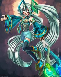 Rule 34 | alternate costume, alternate eye color, alternate hair color, armor, bare shoulders, blank eyes, corruption, crossover, crypton future media, dark persona, facial tattoo, fierce deity, fire, floating, hatsune miku, highres, holding, necktie, nintendo, open mouth, outstretched arm, possessed, possession, spring onion, stoic seraphim, tattoo, the legend of zelda, the legend of zelda: majora&#039;s mask, twintails, vocaloid, white hair