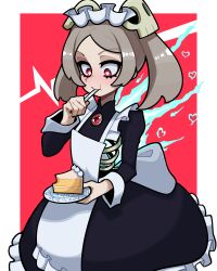 Rule 34 | 1girl, absurdres, apron, black nails, bloody marie (skullgirls), blush, border, brooch, cake, cake slice, dress, eating, energy, fire, food, foodgasm, fork, frilled apron, frilled dress, frills, grey hair, hair ornament, heart, highres, jewelry, juliet sleeves, long sleeves, maid headdress, muds (tentacles r us), nail polish, plate, puffy sleeves, red background, red eyes, ribs, skeleton, skull hair ornament, skullgirls, solo, star-shaped pupils, star (symbol), symbol-shaped pupils, twintails, white border