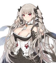 Rule 34 | 1girl, absurdres, azur lane, bare shoulders, between breasts, black bow, black dress, blush, bow, breasts, cleavage, closed mouth, clothing cutout, corset, cowboy shot, detached collar, dress, earrings, expressionless, formidable (azur lane), frilled dress, frills, grey hair, hair bow, hands in hair, highres, huge filesize, hyoin, jewelry, large breasts, long hair, long sleeves, looking at viewer, red eyes, shoulder cutout, solo, twintails, very long hair