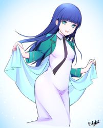 Rule 34 | 1girl, :d, black necktie, blue eyes, blue hair, blunt bangs, collared dress, comic lo, cropped legs, dress, green jacket, hair ribbon, highres, holding, jacket, long dress, long hair, looking at viewer, mahouka koukou no rettousei, necktie, open clothes, open jacket, open mouth, ribbon, sash, shiba miyuki, signature, smile, solo, standing, straight hair, very long hair, white background, white dress, wing collar, yellow ribbon, ying dou