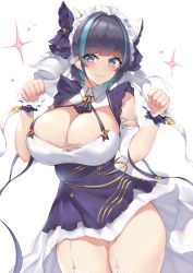 Rule 34 | 1girl, azur lane, blue dress, blue eyes, blue hair, blue ribbon, blunt bangs, blush, breasts, cheshire (azur lane), cleavage, cleavage cutout, closed mouth, clothing cutout, commentary, cowboy shot, dress, garter straps, hands up, highres, huge breasts, kuavera, large breasts, legs together, looking at viewer, maid headdress, multicolored hair, neck ribbon, paw pose, ribbon, short hair, sleeveless, sleeveless dress, smile, solo, streaked hair, thick thighs, thighhighs, thighs, white thighhighs, wrist cuffs