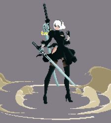 Rule 34 | animated, animated gif, black blindfold, blindfold, boots, cleavage cutout, clothing cutout, covered eyes, feather-trimmed sleeves, hairband, high heel boots, high heels, highres, juliet sleeves, katana, leotard, long sleeves, nier (series), nier:automata, pixel art, puffy sleeves, solo, sword, thighhighs, thighhighs under boots, usualmanu, weapon, white leotard, 2b (nier:automata)