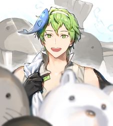Rule 34 | 1boy, animal, animal on head, bare shoulders, bear, black gloves, commentary, david (fate), fate/apocrypha, fate/grand order, fate (series), fish, fish on head, ginka sima, gloves, green eyes, green hair, hair between eyes, hairband, highres, holding, looking at viewer, male focus, on head, open mouth, polar bear, short hair, smile, solo, sunlight, teeth, upper body, upper teeth only, walrus, white fur