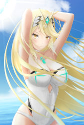 Rule 34 | 1girl, armpits, arms up, beach, blonde hair, blue sky, blurry, blurry background, breasts, character cutout, chest jewel, choker, cleavage, cloud, collarbone, covered navel, cowboy shot, day, depth of field, earrings, floating hair, glowing, hair ornament, headpiece, highres, hip vent, jewelry, large breasts, lens flare, leotard, long hair, looking at viewer, mebi il, medium breasts, mythra (radiant beach) (xenoblade), mythra (xenoblade), nintendo, ocean, one-piece swimsuit, outdoors, sideboob, skindentation, sky, smile, solo, standing, strapless, strapless leotard, strapless one-piece swimsuit, sunlight, swept bangs, swimsuit, tiara, very long hair, white leotard, white one-piece swimsuit, xenoblade chronicles (series), xenoblade chronicles 2, yellow eyes