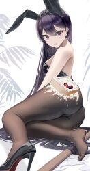 1girl absurdres animal_ear_hairband animal_ears ass bang_dream! bang_dream!_it&#039;s_mygo!!!!! black_footwear black_hair black_leotard black_pantyhose breasts broken_plate cake chinese_commentary cleaning_brush commentary_request fake_animal_ears food food_on_clothes hairband high_heels highres leotard long_hair medium_breasts pantyhose plate playboy_bunny purple_eyes rabbit_ears shiina_taki shoes single_shoe sitting solo strapless strapless_leotard vader_(user_wahr2572) wrist_cuffs yokozuwari