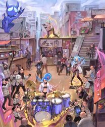 Rule 34 | 2girls, 6+boys, :m, absurdres, artist request, bald, battery, black bra, blue hair, blue sky, bra, breasts, building, camera, closed eyes, cloud, cloudy sky, day, drum, electricity, floating hair, food, guitar, highres, horns, instrument, jacket, lab coat, long hair, medium breasts, microphone, microphone stand, multiple boys, multiple girls, musical note, navel, open mouth, original, ponytail, punk, road, sad, scenery, sky, smile, spiked hair, stairs, street, sunglasses, umbrella, underwear, v