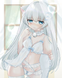 Rule 34 | 1girl, :3, animal ear fluff, animal ears, bare arms, bare shoulders, bell, blue eyes, blurry, bokeh, bow, bow panties, bra, breasts, cat ears, cat girl, closed mouth, collarbone, commentary request, cowboy shot, depth of field, extra ears, fang, frills, garter belt, gluteal fold, green eyes, hair between eyes, hair bow, hair ornament, highres, indoors, lifted by self, lingerie, long hair, navel, neck bell, original, panties, skin fang, small breasts, solo, thigh gap, thighhighs, two side up, underwear, user gynn7825, white bra, white hair, white panties, white thighhighs, x hair ornament