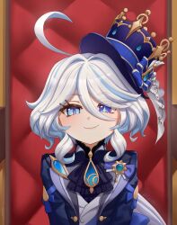 Rule 34 | 1girl, absurdres, ahoge, ascot, black ascot, blue eyes, blue hair, blue hat, blue jacket, brooch, commentary, furina (genshin impact), genshin impact, hat, highres, jacket, jewelry, long hair, looking at viewer, luizhtx, multicolored hair, smile, solo, streaked hair, top hat, upper body, very long hair, white hair