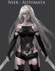 Rule 34 | 1girl, absurdres, android, armlet, bare shoulders, black gloves, black shorts, black tank top, black thighhighs, breasts, closed mouth, collarbone, copyright name, dual wielding, elbow gloves, gloves, grey eyes, hair between eyes, highres, holding, holding sword, holding weapon, joints, long hair, mole, mole under mouth, nier (series), nier:automata, petitmoca, robot joints, shorts, simple background, solo, sword, tank top, thighhighs, weapon, white hair, a2 (nier:automata)