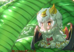 Rule 34 | 1girl, animal, animal ears, bat (animal), bat ears, bow, bowtie, commentary, dated, extra ears, fur collar, honduran white bat (kemono friends), kemono friends, leaf, looking at viewer, mini person, minigirl, nakashi masakumi, nature, open mouth, red bow, red bowtie, red eyes, short hair, solo, twitter username, water, white hair