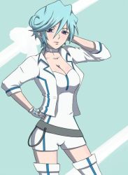 Rule 34 | 10s, 1girl, belt, blue eyes, blue hair, bodysuit, boots, breasts, cardfight!! vanguard, choker, cleavage, collar, female focus, fingerless gloves, gloves, hand on own hip, jacket, looking at viewer, matching hair/eyes, solo, tatsunagi suiko, thigh boots, thighhighs