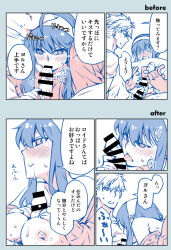 Rule 34 | 1boy, 1girl, @ @, before and after, blush, breasts, breasts out, comic, commentary request, fellatio, hairband, hand on another&#039;s head, hetero, husband and wife, kamimiya, large breasts, licking, licking penis, limited palette, male masturbation, masturbation, nipples, one eye closed, oral, paizuri, penis, saliva, spy x family, sweat, translation request, twilight (spy x family), wavy mouth, yes-no pillow, yor briar