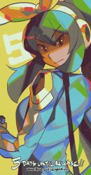 Rule 34 | 1girl, blue revolver, clenched hand, countdown, green background, headphones, jacket, long hair, looking at viewer, looking back, multicolored hair, ponytail, promotional art, red eyes, ribbon, simple background, solo, text focus, upper body, valerie (blue revolver), very long hair, woofycakes