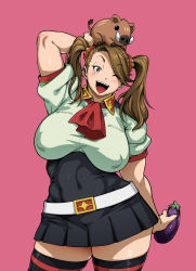 Rule 34 | 1girl, alternate legwear, ascot, belly, belt, belt buckle, blush, boar, breasts, brown eyes, brown hair, buckle, chinese zodiac, curvy, eggplant, female focus, gundam, gundam build fighters, gundam build fighters try, hair ornament, hand on own head, high-waist skirt, highres, jun (rojiura jack), kneehighs, large breasts, long hair, looking at viewer, navel, one eye closed, open mouth, pig, plump, puffy nipples, rojiura jack, sagging breasts, sazaki kaoruko, shirt, simple background, skirt, smile, socks, solo, standing, taut clothes, taut shirt, thick thighs, thighhighs, thighs, twintails, upper body, white background, wide hips, year of the pig