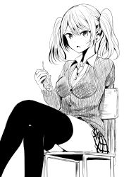 Rule 34 | &gt;:o, 1girl, :o, attsun (atsushi jb), black thighhighs, breasts, cardigan, chair, crossed legs, earrings, greyscale, hair between eyes, highres, holding, jewelry, juice box, medium breasts, monochrome, open mouth, original, plaid, plaid skirt, pleated skirt, sitting, sketch, skirt, solo, stud earrings, thighhighs, thighs, twintails, v-shaped eyebrows