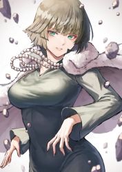 Rule 34 | 1girl, bob cut, breasts, commentary request, dress, fagi (kakikaki), fubuki (one-punch man), green eyes, impossible clothes, jewelry, large breasts, long sleeves, looking at viewer, necklace, one-punch man, pearl necklace, rock, solo, upper body, wide sleeves