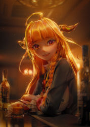 Rule 34 | ahoge, alcohol, backlighting, bar (place), black jacket, blunt bangs, blurry, blurry background, blurry foreground, braid, breasts, brooch, chmyxo, collared shirt, commentary, cup, depth of field, dragon girl, dragon horns, english commentary, from side, glass, glass bottle, gradient eyes, highres, holding, holding cup, hololive, horns, indoors, jacket, jewelry, kiryu coco, kiryu coco (1st costume), large breasts, liquor, long hair, long sleeves, looking at viewer, multicolored eyes, orange hair, purple eyes, red eyes, shirt, side braid, sitting, smile, solo, tears, upper body, virtual youtuber, whiskey, white shirt