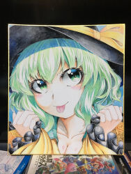 Rule 34 | 1girl, 283win, absurdres, acrylic paint (medium), black hat, breasts, cleavage, closed mouth, collarbone, commentary request, green eyes, green hair, hat, hat ribbon, highres, komeiji koishi, large breasts, long sleeves, looking at viewer, painting (medium), photo (medium), portrait, ribbon, shikishi, short hair, smile, solo, tongue, tongue out, touhou, traditional media, yellow ribbon