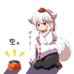 Rule 34 | 1girl, animal ears, bowl, detached sleeves, female focus, hat, hungry, inubashiri momiji, kneeling, mikan imo, pet bowl, red eyes, sitting, solo, stomach growling, tail, tears, tokin hat, touhou, translated, white hair, wolf ears, wolf tail
