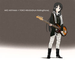 Rule 34 | 1girl, akiyama mio, alternate costume, bass guitar, black eyes, black hair, boots, high heels, hikasa youko, instrument, jewelry, k-on!, long hair, necklace, real life, scarf, shoes, solo, sweater, voice actor connection, wallpaper, yuu (1007yu)
