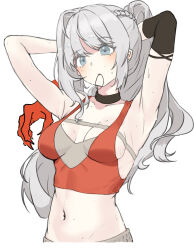 Rule 34 | 1girl, armpits, arms behind head, arms up, black choker, blue eyes, breasts, choker, dikke (reverse:1999), dikke (the pointy end up) (reverse:1999), disembodied limb, grey hair, hair tie in mouth, highres, justina (sduy5347), long hair, medium breasts, midriff, mouth hold, navel, ponytail, reverse:1999, shorts, simple background, sweat, tying hair, upper body, white background