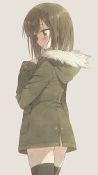 Rule 34 | 1girl, black thighhighs, blush, brown eyes, brown hair, coat, cowboy shot, from behind, fur-trimmed coat, fur trim, grey background, hand on own chest, hood, hood down, hooded coat, long sleeves, no pants, original, simple background, solo, thighhighs, tsuke (maholabo), winter clothes