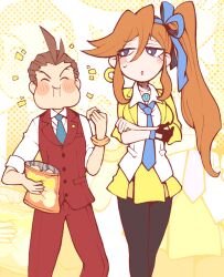 Rule 34 | 1boy, 1girl, ace attorney, antenna hair, apollo justice, athena cykes, bag of chips, blue eyes, blue necktie, blush, bracelet, brown hair, chips (food), closed eyes, closed mouth, collared shirt, crescent, crescent earrings, cropped jacket, crossed arms, earrings, eating, food, formal, gloves, hair ribbon, holding, holding food, jacket, jewelry, long hair, looking at another, minashirazu, necktie, open mouth, orange hair, pants, pantyhose, partially fingerless gloves, phoenix wright: ace attorney - dual destinies, potato chips, puffy cheeks, ribbon, shirt, short hair, side ponytail, single earring, single glove, skirt, smile, suit, vest, white shirt, yellow jacket, yellow skirt