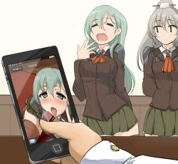 Rule 34 | 10s, 2girls, admiral (kancolle), aqua hair, bad id, bad twitter id, blush, brown hair, cellphone, cellphone photo, censored, fellatio, hair ornament, hairclip, kantai collection, kumano (kancolle), long hair, momio, multiple girls, open mouth, oral, penis, personification, phone, photo comparison, ponytail, school uniform, skirt, smartphone, suzuya (kancolle), thighhighs, yawning