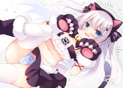 Rule 34 | 1girl, anchor hair ornament, animal ears, animal hands, apron, azur lane, bell, black skirt, blue eyes, blush, breasts, cat ears, cat tail, commentary request, crop top, detached sleeves, drop shadow, dutch angle, fake animal ears, fang, frills, gloves, hair between eyes, hair ornament, hairband, hammann (azur lane), hammann (hammanyan pawnch!) (azur lane), jingle bell, long hair, looking at viewer, midriff, navel, notice lines, official alternate costume, open mouth, outline, panties, pantyshot, paw gloves, purinpurin, ribbon, shoes, sidelocks, skin fang, skindentation, skirt, small breasts, solo, striped clothes, striped panties, tail, thighhighs, two side up, underwear, very long hair, waist apron, white hair, white thighhighs, wrist ribbon, zettai ryouiki