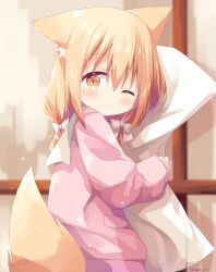 Rule 34 | 1girl, animal ear fluff, animal ears, blush, bow, closed mouth, commentary request, from behind, hair between eyes, hair bow, highres, jacket, light brown hair, long sleeves, looking at viewer, looking back, low twintails, miike-chan, nakkar, hugging object, one eye closed, original, pillow, pillow hug, pink jacket, sailor collar, short twintails, sleeves past wrists, solo, tail, tail raised, twintails, upper body, white bow, white sailor collar