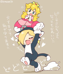 Rule 34 | 2girls, animal costume, animal ears, animal hands, blonde hair, blush, cat ears, cat rosalina, cat tail, crown, dress, earrings, elbow gloves, eromame, flustered, flying sweatdrops, gloves, hair over one eye, jewelry, long hair, mario (series), multiple girls, nintendo, pink dress, princess peach, rosalina, running, smile, super mario 3d world, super mario galaxy, tail, translation request, white gloves