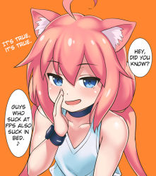 Rule 34 | 1girl, ahoge, animal ears, blue eyes, cat ears, english text, hair bobbles, hair ornament, hard-translated, hinata channel, japanese text, long hair, looking at viewer, low twintails, nekomiya hinata, open mouth, pink hair, smile, solo, third-party edit, translated, twintails, virtual youtuber, youkan