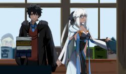 Rule 34 | 1boy, 2girls, against glass, angry, artoria caster (fate), artoria pendragon (fate), beret, black-framed eyewear, black hair, black robe, blonde hair, blue necktie, blush, book, book stack, breasts, cleavage, closed mouth, collared shirt, day, dress, fate/grand order, fate (series), frown, fujimaru ritsuka (male), fujimaru ritsuka (male) (mage&#039;s association uniform), glasses, green eyes, hat, highres, holding, holding book, holding hands, indoors, library, long hair, medium breasts, morgan le fay (fate), multiple girls, navel, necktie, paperpillar, red shirt, robe, round eyewear, shirt, short hair, smile, sweatdrop, white hair, white shirt