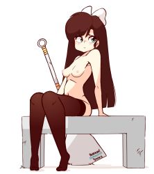 Rule 34 | 1girl, animated, animated gif, aqua eyes, artist name, black hair, black thighhighs, blush, bow, breasts, chair, cleft of venus, closed mouth, collarbone, crossed legs, dated, diives, english text, female focus, full body, hair bow, heart, highres, huge weapon, knees together feet apart, kuonji ukyou, leg up, long hair, looking at viewer, looking to the side, medium breasts, navel, nipples, nude, open mouth, pussy, ranma 1/2, signature, simple background, sitting, solo, spatula, spoken heart, spread legs, talking, text focus, thighhighs, uncensored, weapon, white background, white bow