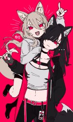 Rule 34 | ..., 027yuu, 2girls, absurdres, animal ear fluff, animal ears, black choker, black gloves, black hair, black jacket, black socks, cat ears, cat girl, choker, closed mouth, fang, fingerless gloves, frown, gloves, grey hair, hair between eyes, hair ornament, hair over one eye, hairpin, hand on another&#039;s shoulder, highres, jacket, long hair, looking at viewer, multiple girls, nail polish, name tag, open clothes, open jacket, open mouth, original, pink background, pink eyes, pink nails, skin fang, smile, socks, tank top, white tank top