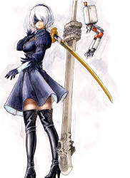 Rule 34 | 1girl, ass, black blindfold, black dress, black gloves, black hairband, blindfold, bob cut, boots, chain, cleavage cutout, clothing cutout, commentary, dress, fer yoshimiya, from behind, full body, gloves, greatsword, hair over one eye, hairband, high heel boots, high heels, highres, holding, holding sword, holding weapon, katana, lace, lips, mechanical arms, mole, mole under mouth, nier:automata, nier (series), over shoulder, puffy sleeves, robot, see-through, see-through legwear, short hair, solo, standing, sword, thigh boots, thighhighs, weapon, weapon over shoulder, white hair, 2b (nier:automata)