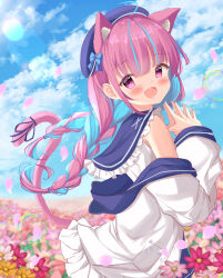 1girl absurdres adapted_costume ahoge animal_ears blue_hairband blue_nails blush bow braid bubble cat_ears cherry_blossoms cloud cloudy_sky colored_inner_hair facing_back field flower flower_field frilled_sailor_collar frills hairband highres hololive jacket kanti15 long_hair long_sleeves looking_at_viewer minato_aqua minato_aqua_(sailor) multicolored_hair official_alternate_costume open_mouth own_hands_together pink_eyes pink_hair pink_tail sailor_collar simple_background skirt sky smile solo twin_braids two-tone_hair virtual_youtuber