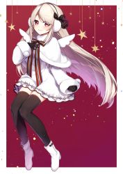 Rule 34 | 1girl, black bow, black gloves, black thighhighs, blush, boots, bow, capelet, closed mouth, dress, earmuffs, elu (5th costume) (nijisanji), elu (nijisanji), full body, fur-trimmed capelet, fur-trimmed sleeves, fur trim, gloves, light brown hair, long hair, long sleeves, mini wings, nijisanji, red background, red bow, red eyes, short dress, sleeves past wrists, smile, solo, star (symbol), striped, striped bow, thighhighs, two-tone background, very long hair, virtual youtuber, white background, white capelet, white dress, white footwear, white wings, wide sleeves, wings, yamabukiiro