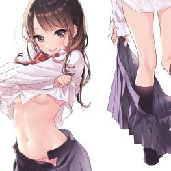Rule 34 | 1girl, :d, arched back, black skirt, black socks, blush, bow, bowtie, bra, bra peek, breasts, brown eyes, brown hair, buttons, clothes lift, commentary request, dress shirt, fingernails, from behind, highres, kneehighs, kneepits, leg lift, lifting own clothes, long hair, long sleeves, looking at viewer, medium breasts, midriff, morikura en, multiple views, navel, no shoes, open clothes, open mouth, open skirt, original, panties, pink bra, pink panties, pleated skirt, red bow, red bowtie, shirt, shirt lift, simple background, skirt, smile, socks, standing, standing on one leg, stomach, teeth, underboob, underwear, undressing, white background, white shirt