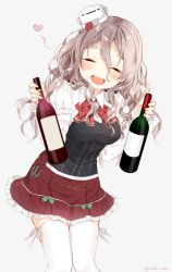 Rule 34 | 10s, 1girl, :d, blush, bottle, bow, bowtie, brown hair, closed eyes, frilled skirt, frills, heart, kantai collection, long hair, long sleeves, naoto (tulip), open mouth, pola (kancolle), simple background, skirt, smile, solo, thick eyebrows, thighhighs, twitter username, wavy hair, white thighhighs, wine bottle, zettai ryouiki
