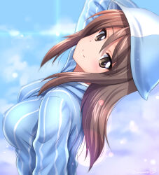 Rule 34 | 1girl, bad link, blue headwear, breasts, brown eyes, brown hair, covered erect nipples, eyebrows hidden by hair, from behind, girls und panzer, head tilt, highres, kamogawa tanuki, large breasts, lens flare, long hair, long sleeves, looking at viewer, mika (girls und panzer), shirt, sidelocks, smile, solo, striped clothes, striped shirt, tulip hat, vertical-striped clothes, vertical-striped shirt