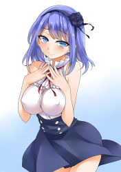 Rule 34 | 10s, 1girl, bad id, bad pixiv id, bare shoulders, blue eyes, blue hair, blush, breasts squeezed together, breasts, dagashi kashi, covered erect nipples, female focus, flower, hair flower, hair ornament, hairband, hands on own chest, high-waist skirt, large breasts, looking at viewer, matching hair/eyes, no legwear, ribbon, ringed eyes, shidare hotaru, short hair, skirt, smile, solo, yostxxx