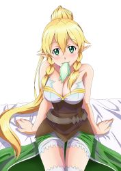 Rule 34 | 1girl, absurdres, arm strap, bed sheet, blonde hair, braid, breasts, cleavage, collarbone, forest, green eyes, hair between eyes, high ponytail, highres, ken-ji, large breasts, leafa, long hair, looking at viewer, mouth hold, nature, short shorts, shorts, sidelocks, simple background, sitting, solo, strapless, sword art online, thighhighs, twin braids, very long hair, white background, white shorts, white thighhighs