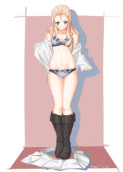 Rule 34 | 1girl, 2022, absurdres, black footwear, blonde hair, blush, boots, bra, breasts, cleavage, closed mouth, collarbone, dated, full body, girls und panzer, green eyes, grey bra, grey panties, groin, helmet002, highres, knee boots, long hair, looking at viewer, marie (girls und panzer), navel, open clothes, open shirt, panties, pleated skirt, shirt, skirt, unworn skirt, small breasts, solo, standing, thigh gap, underwear, undressing, white shirt, white skirt