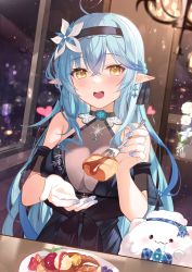 Rule 34 | 1girl, :d, absurdres, ahoge, bare shoulders, black dress, black hairband, blue hair, blue nails, blush, breasts, cleavage, crossed bangs, dress, earrings, elf, fingernails, flower, fork, hair between eyes, hair flower, hair ornament, hairband, heart, heart ahoge, heiyan shenshi, highres, holding, holding fork, hololive, incoming food, indoors, jewelry, large breasts, long fingernails, looking at viewer, multicolored hair, nail polish, open mouth, pointy ears, rose, see-through, see-through cleavage, short sleeves, smile, solo, streaked hair, virtual youtuber, white flower, white rose, window, yellow eyes, yukihana lamy, yukimin (yukihana lamy)