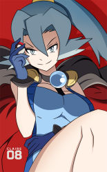 Rule 34 | 1girl, bare arms, bare legs, blue eyes, blue gloves, breasts, cape, character name, clair (pokemon), creatures (company), epaulettes, game freak, gem, gloves, gym leader, high ponytail, holding, holding poke ball, large breasts, long hair, nintendo, pearl (gemstone), poke ball, pokemon, pokemon hgss, ponytail, red background, simple background, smile, vivivoovoo